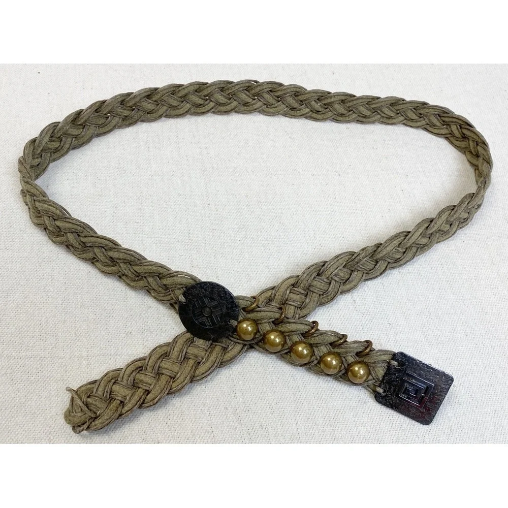 Marjorie Baer SF Green Woven Brass Stud Braided Belt OS